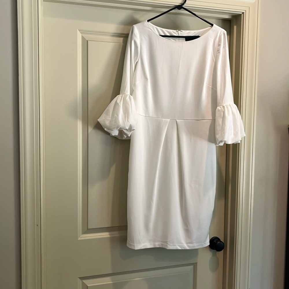 Laundry By Shelli Segal White Sheath Dress with Bishop Sleeves